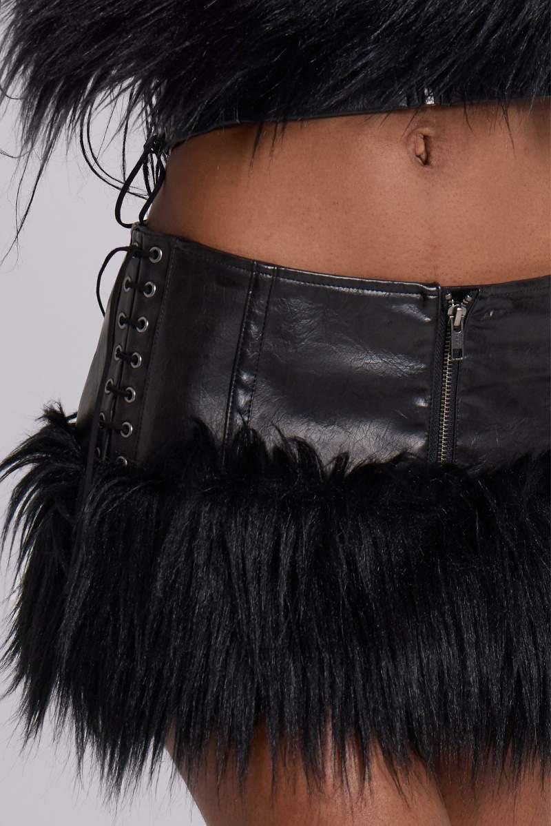 jaded london Viera Faux Fur and Leather Mini Skirt Black