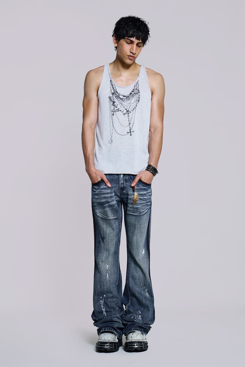 Jaded London Vintage Blue Feather Drift Flared Jeans Blue