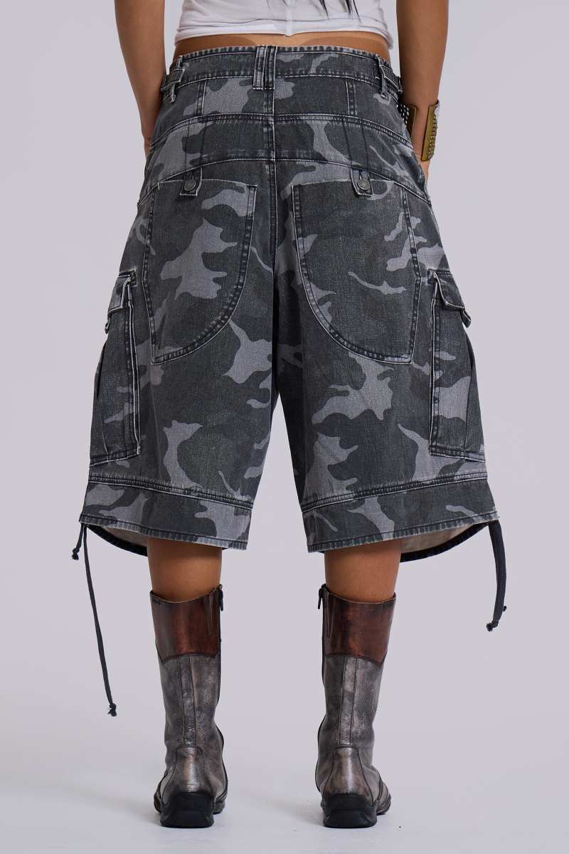 Jaded London Washed Black Cadet Camo Baggy Shorts Camo