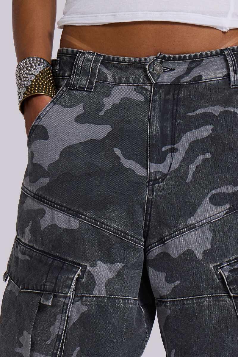 Jaded London Washed Black Cadet Camo Baggy Shorts Camo
