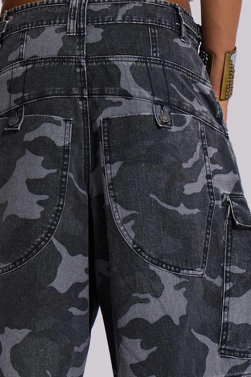 Jaded London Washed Black Cadet Camo Baggy Shorts Camo