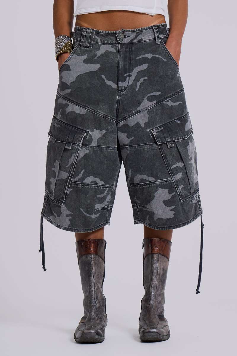 jaded london Washed Black Cadet Camo Baggy Shorts Camo