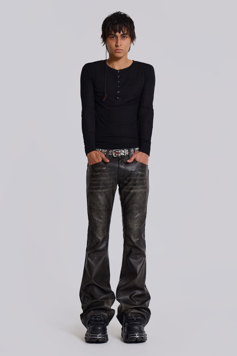 Jaded London Washed Black PU Drift Flared Jeans Black