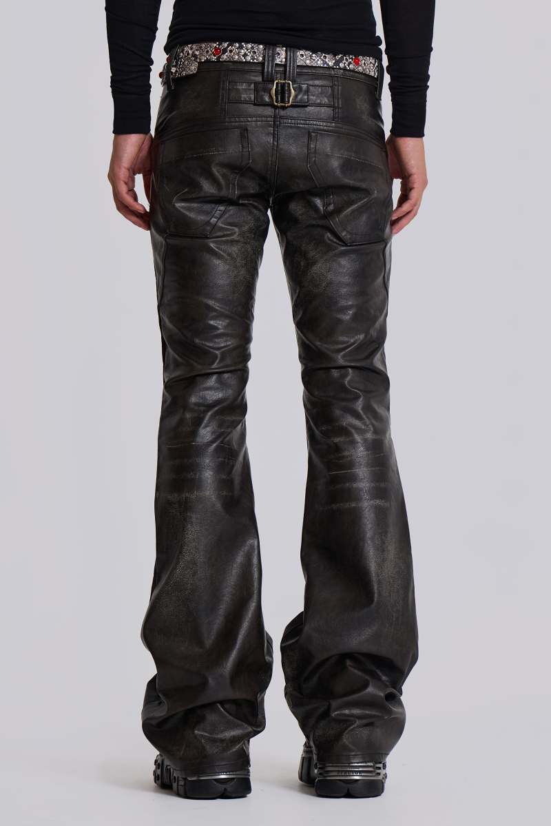 Jaded London Washed Black PU Drift Flared Jeans Black