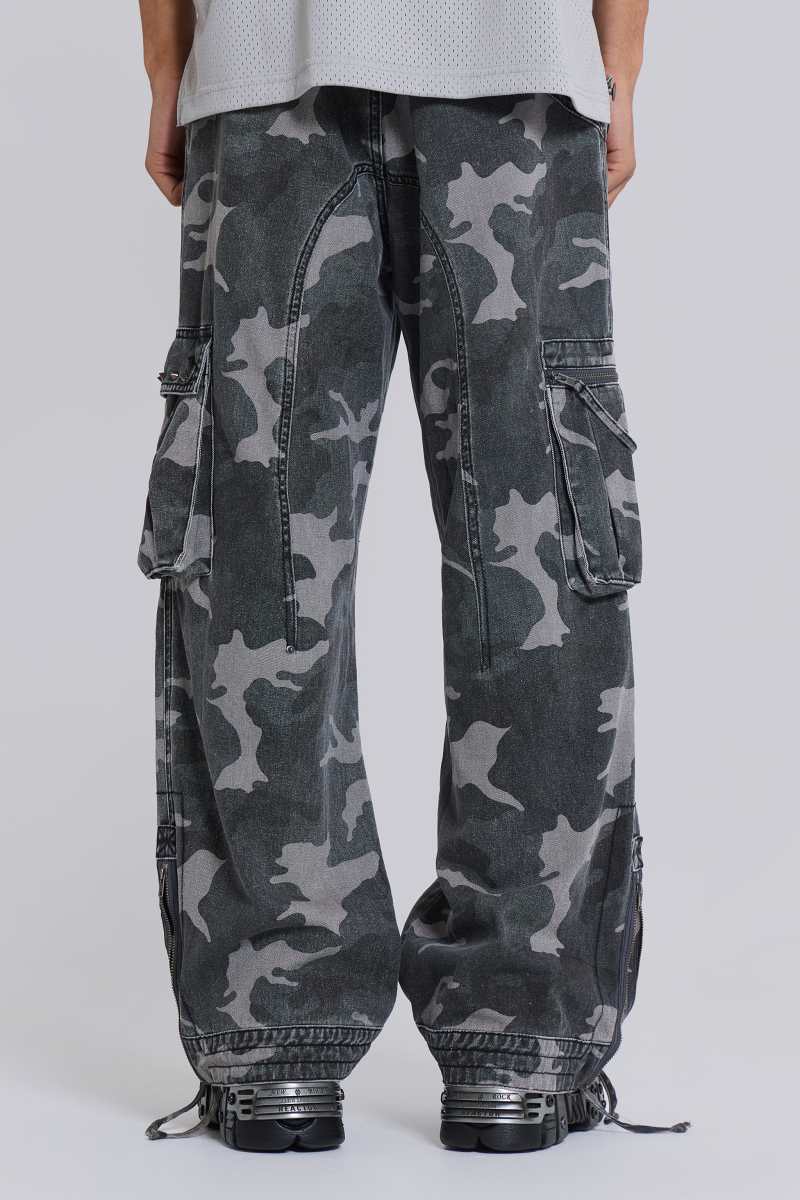 Jaded London Washed Black Trooper Camo Cargo Pant Black
