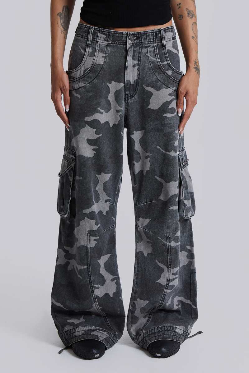 Jaded London Washed Black Trooper Camo Cargo Pant Camo