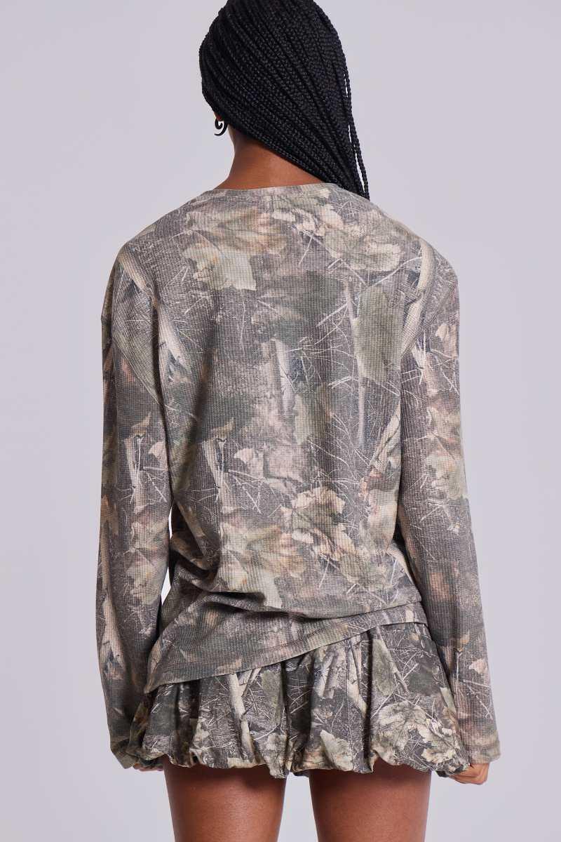 Jaded London Woodland Camo Waffle Long Sleeve Top Camo
