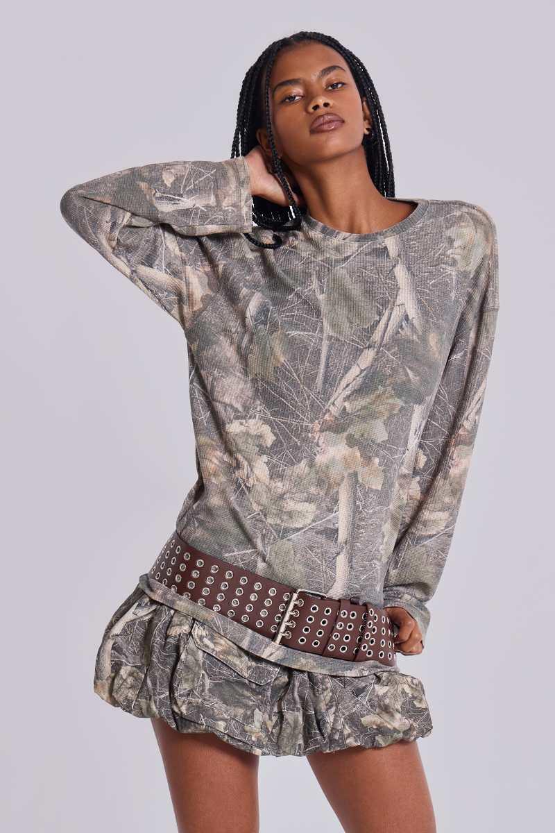 Jaded London Woodland Camo Waffle Long Sleeve Top Camo