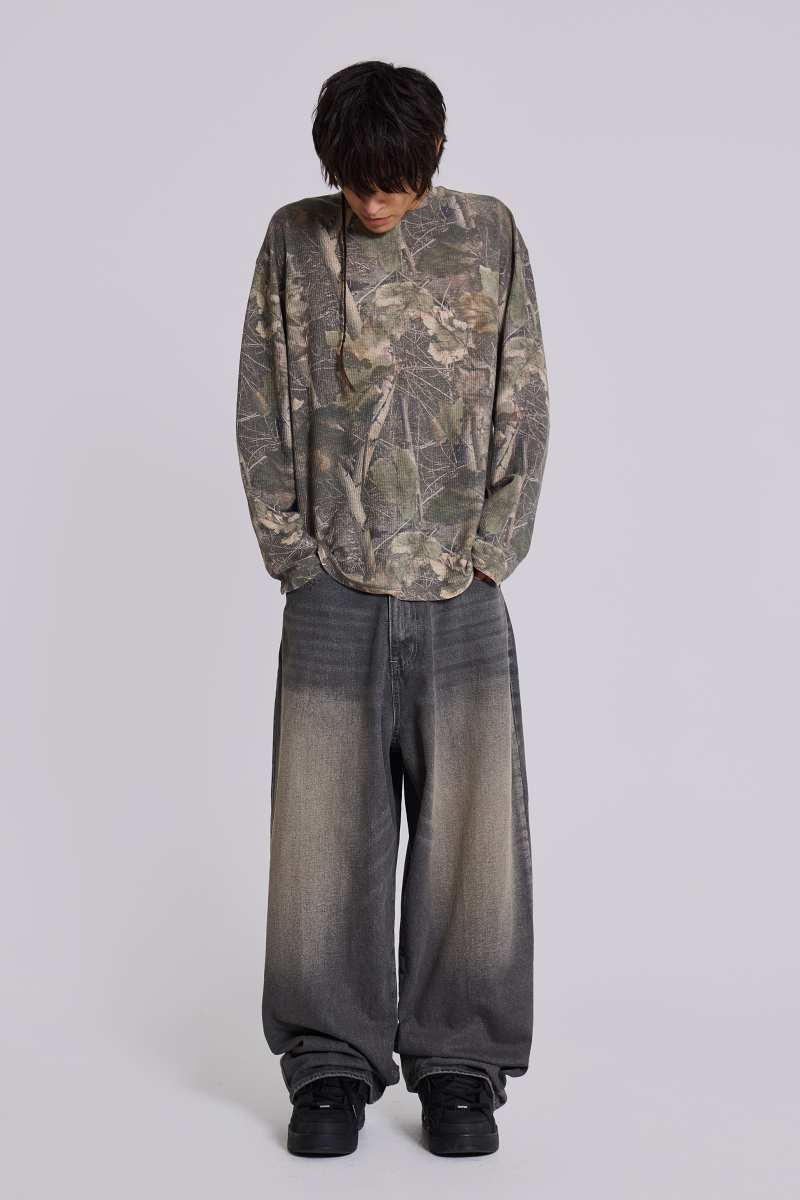 Jaded London Woodland Camo Waffle Long Sleeve Top Camo