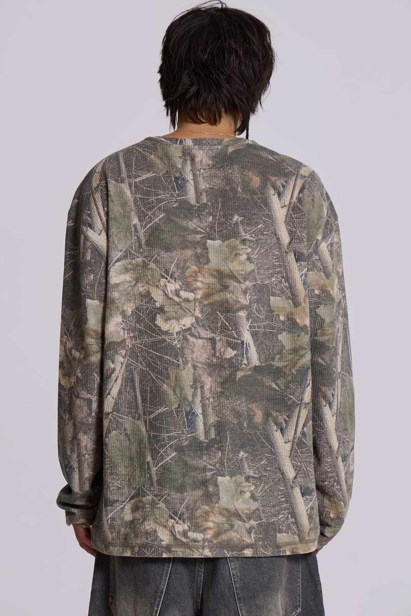 Jaded London Woodland Camo Waffle Long Sleeve Top Camo