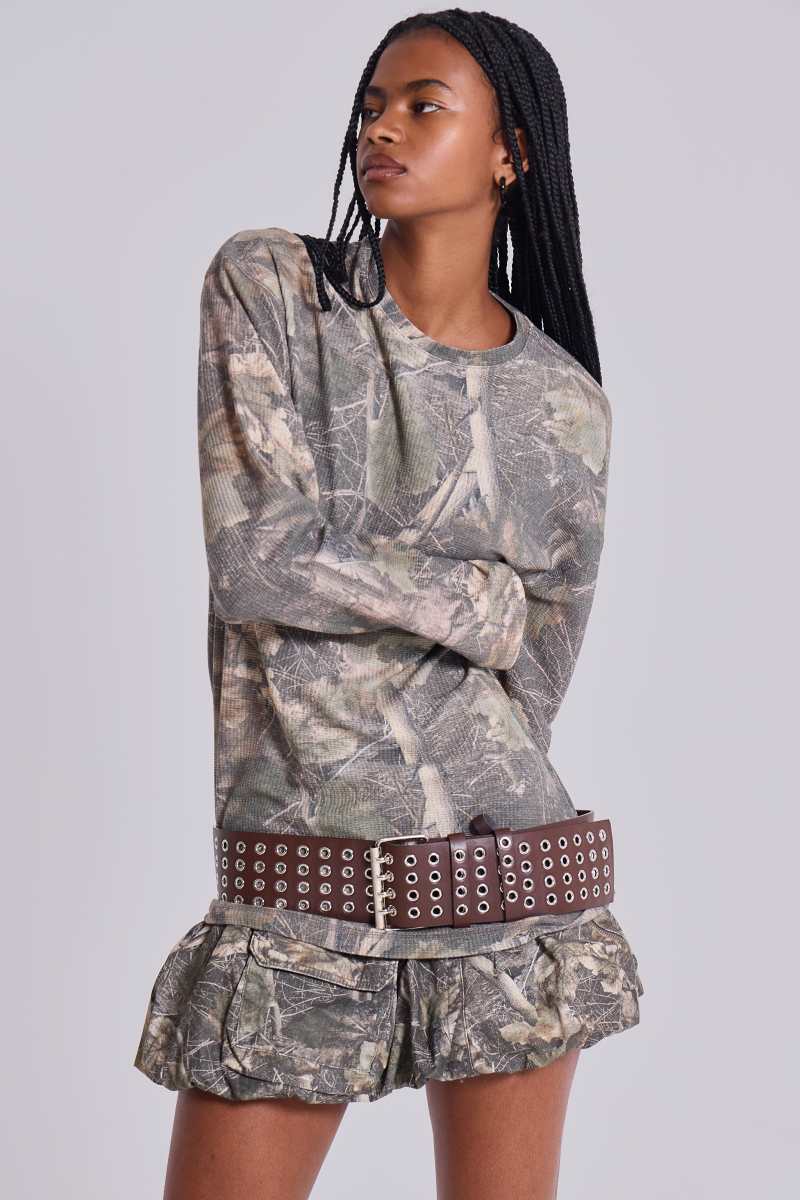jaded london Woodland Camo Waffle Long Sleeve Top Camo
