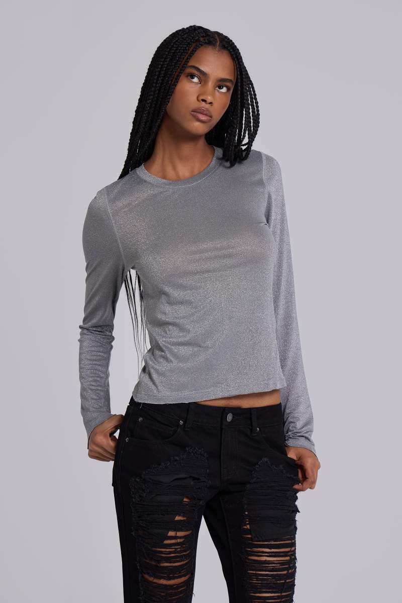 Jaded London Xeni Glitter Long Sleeve Top In Silver Silver