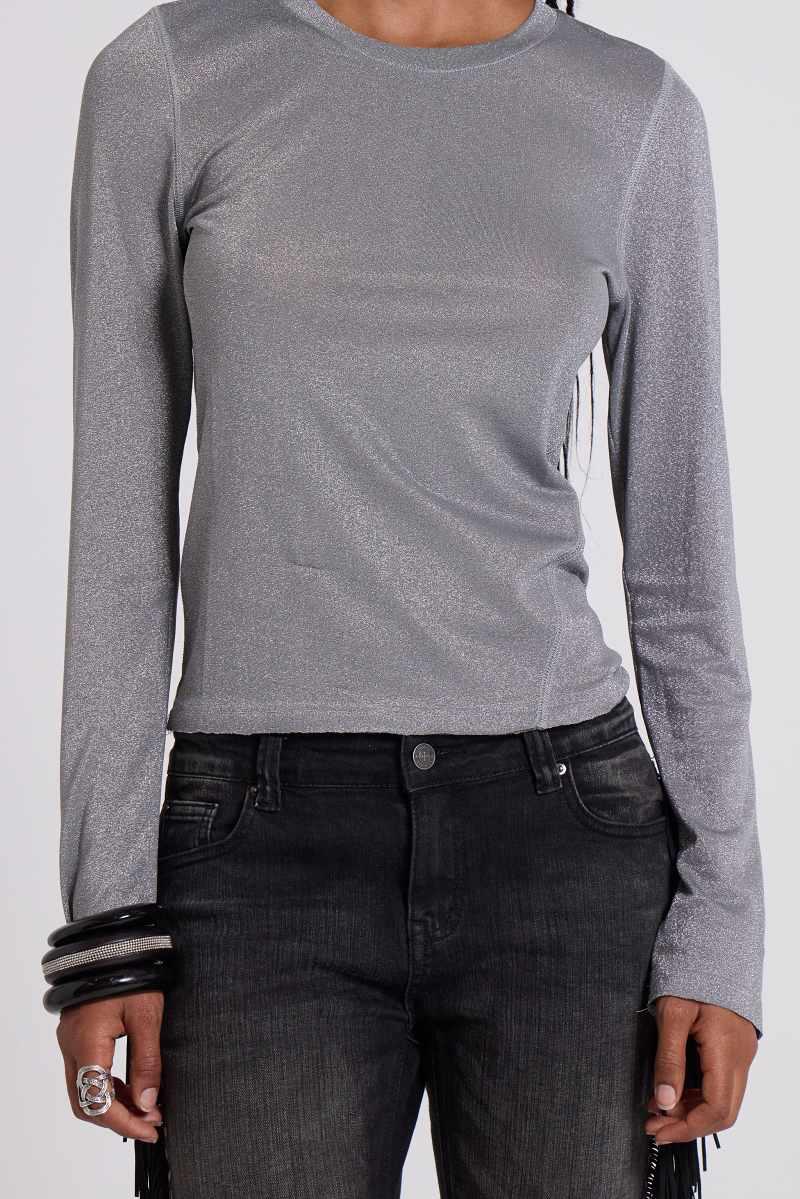 Jaded London Xeni Glitter Long Sleeve Top In Silver Silver
