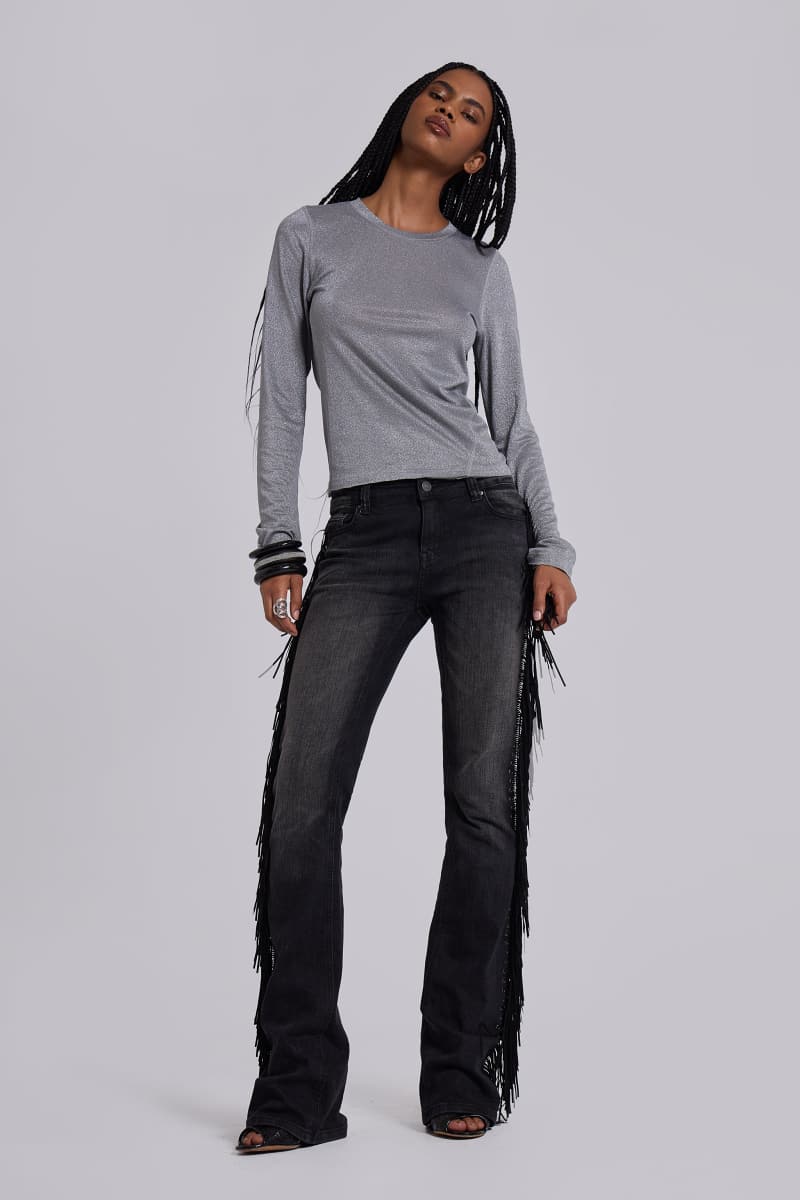 Jaded London Xeni Glitter Long Sleeve Top In Silver Silver