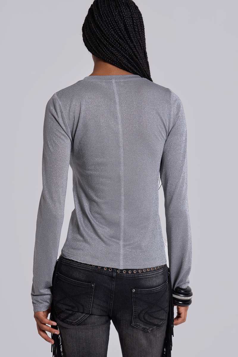 jaded london Xeni Glitter Long Sleeve Top in Silver Silver