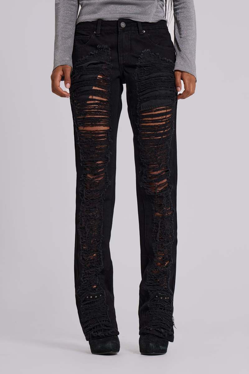 jaded london Zain Shredded Bootcut Jeans in Black Black