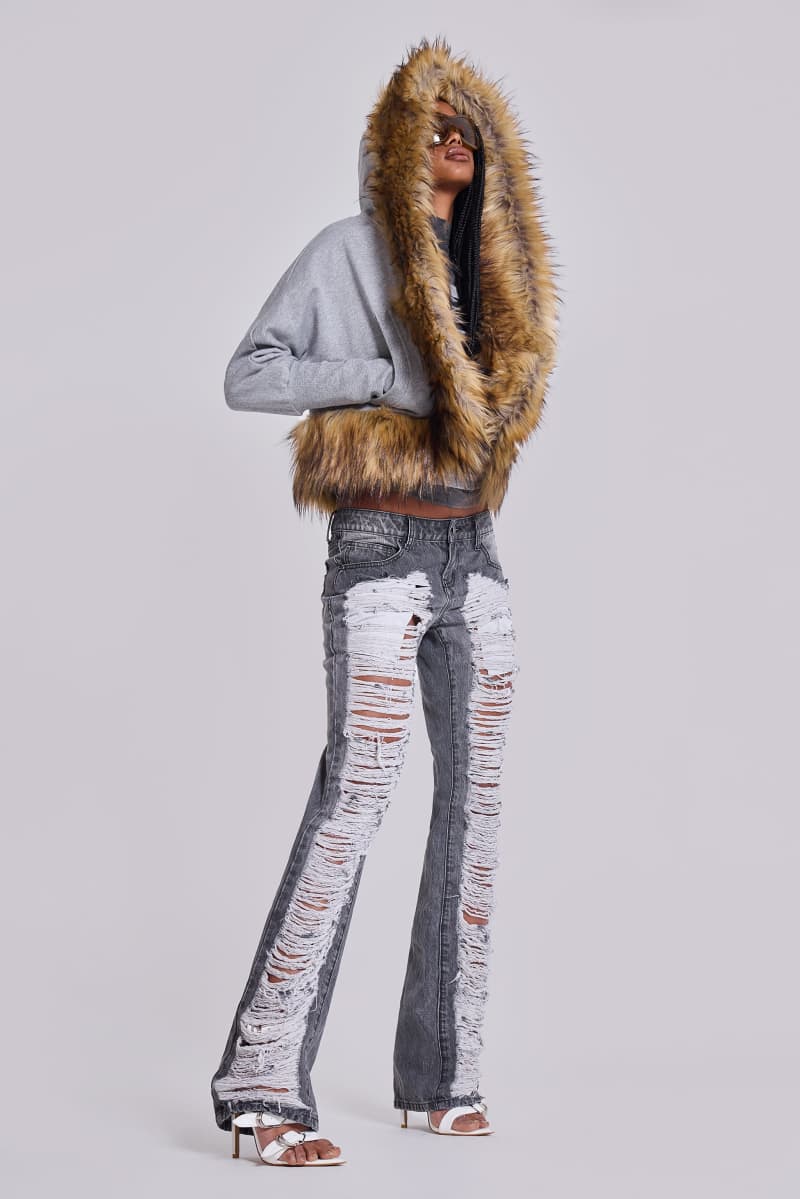 jaded london Zain Shredded Bootcut Jeans in Grey Grey