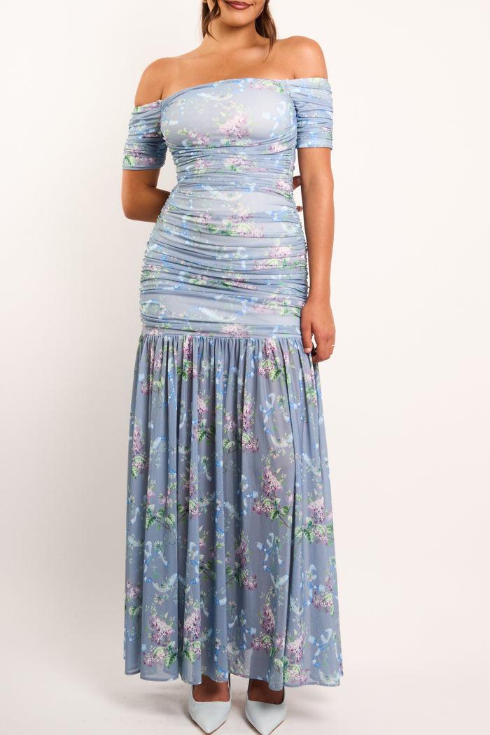 jaded rose Alisa Blue Floral Off The Shoulder Corset Maxi Dress