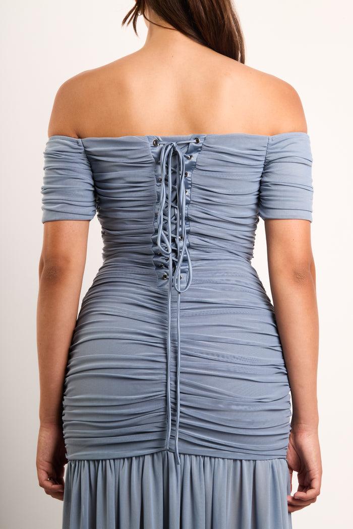 Jaded Rose Alisa Dusk Blue Off The Shoulder Corset Maxi Dress