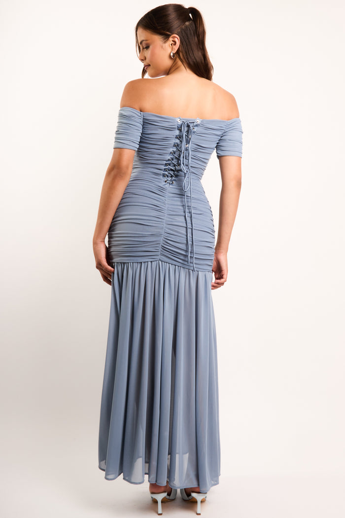 jaded rose Alisa Dusk Blue Off The Shoulder Corset Maxi Dress