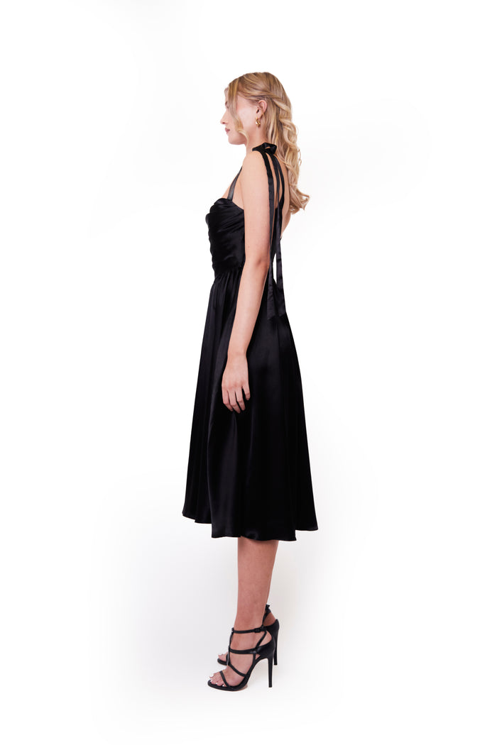 Jaded Rose Amor Black Cowl Bow Strap Satin Midi Tea Dress