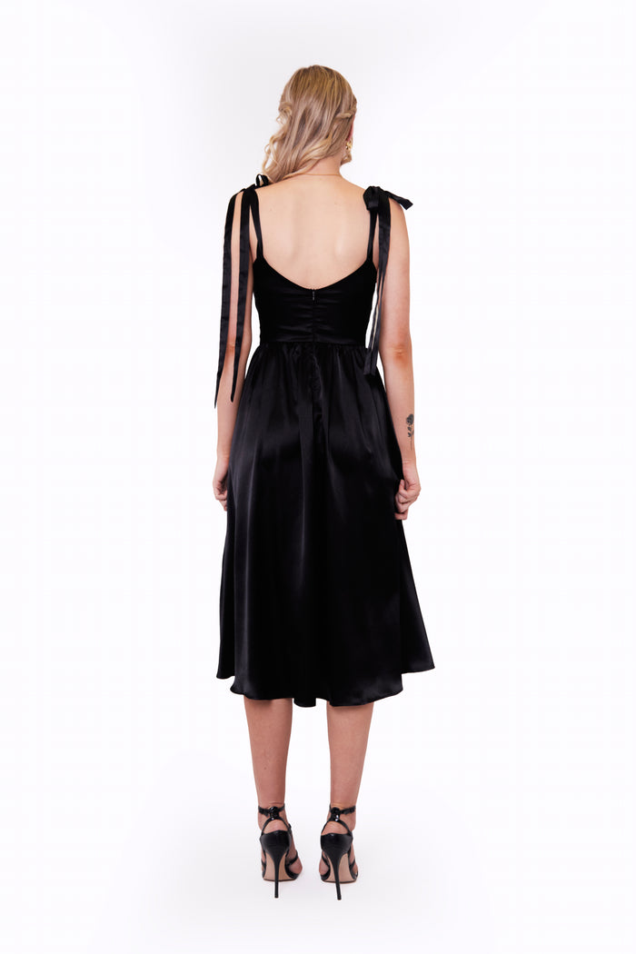 Jaded Rose Amor Black Cowl Bow Strap Satin Midi Tea Dress