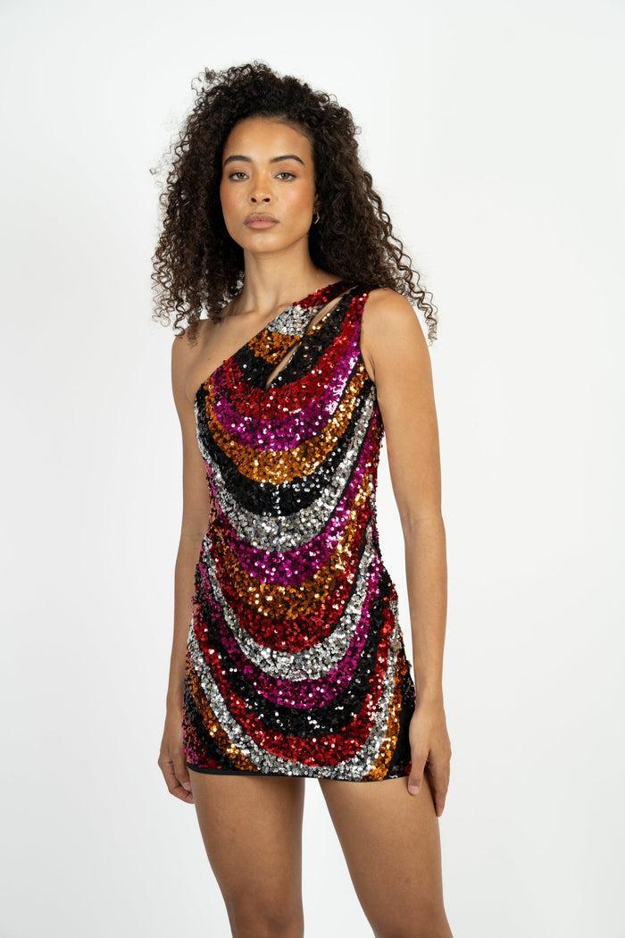Jaded Rose Awi One Shoulder Mini Dress In Swirly Sequin