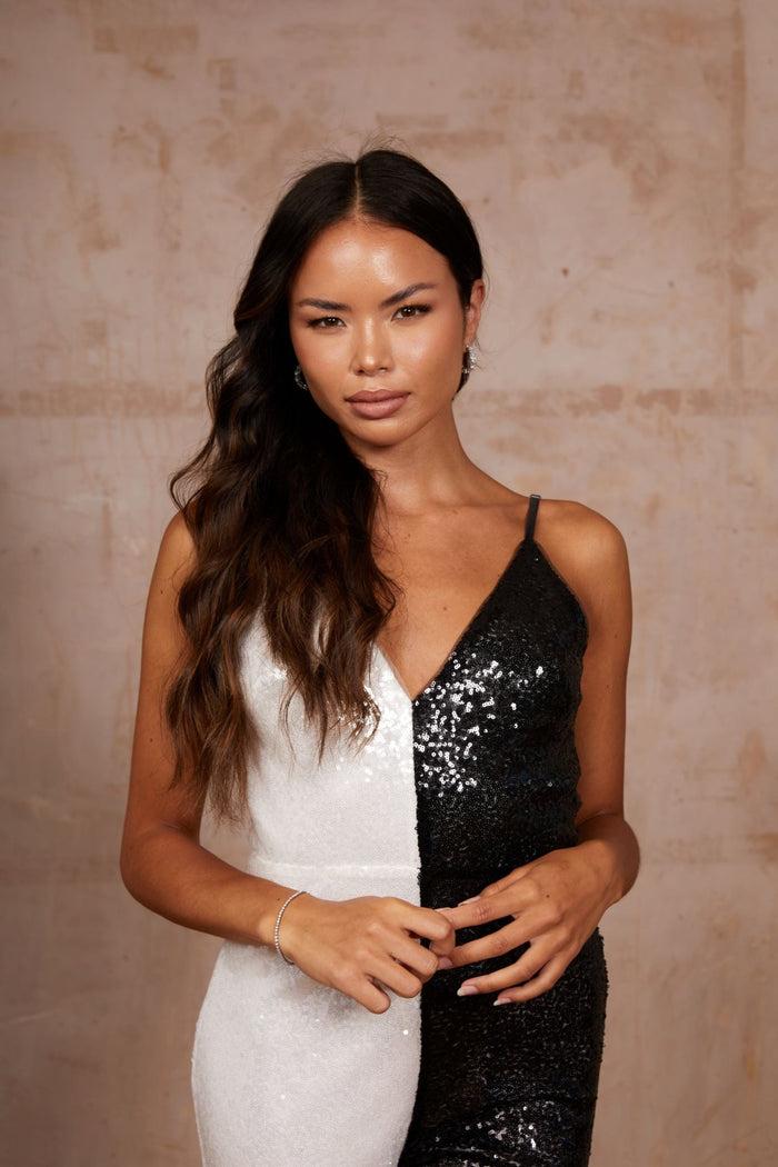 Jaded Rose Beth Sleeveless Sequin Jumpsuit In Black And White