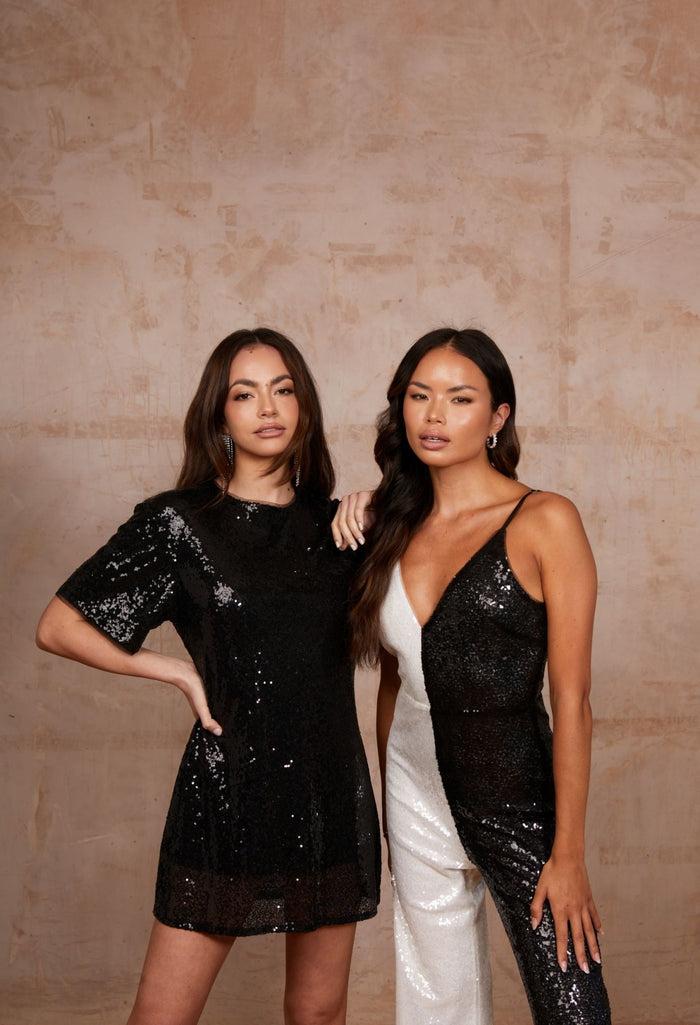 Jaded Rose Beth Sleeveless Sequin Jumpsuit In Black And White
