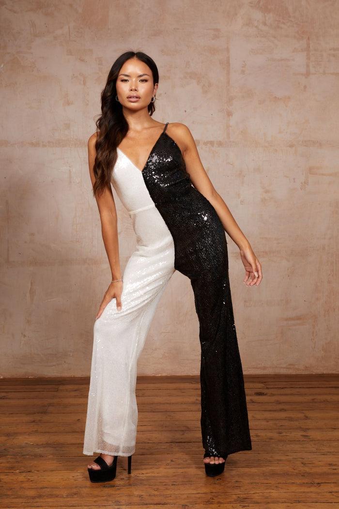 jaded rose Beth Sleeveless Sequin Jumpsuit in Black and White