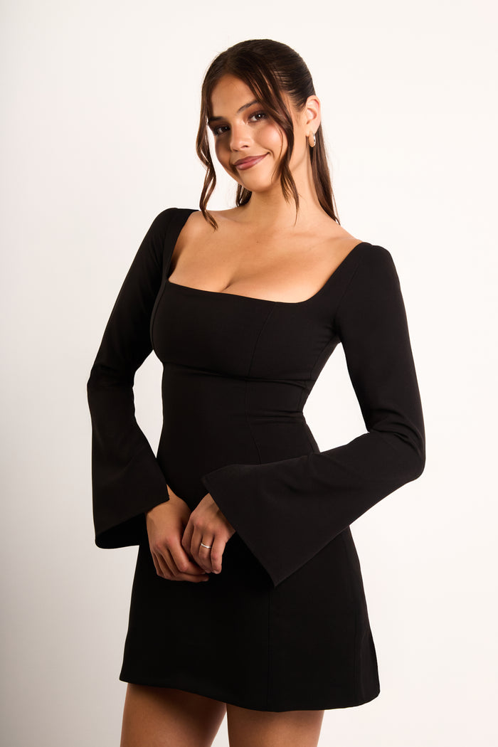 Jaded Rose Brenna Black Structured Long Sleeve Square Neck Mini Dress