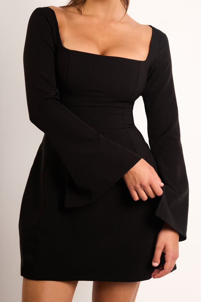 jaded rose Brenna Black Structured Long Sleeve Square Neck Mini Dress