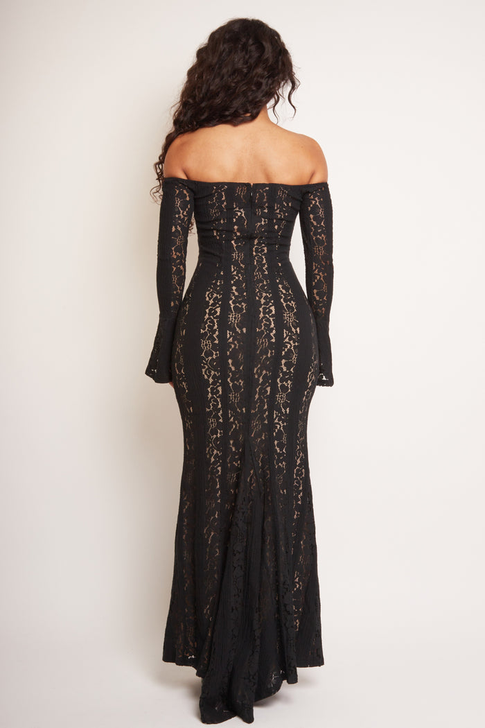 Jaded Rose Bretty Black Lace Off Shoulder Floral Maxi Dress