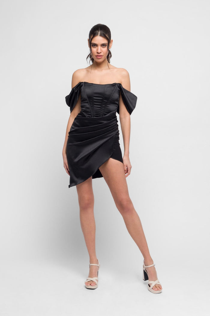 jaded rose Dalina Off the Shoulder Corset Mini Dress in Black Satin