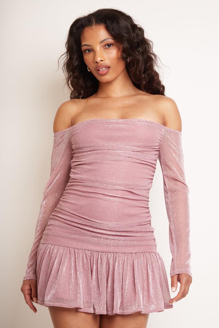 Jaded Rose Eden Pink Sparkle Long Sleeve Bardot Mini Dress
