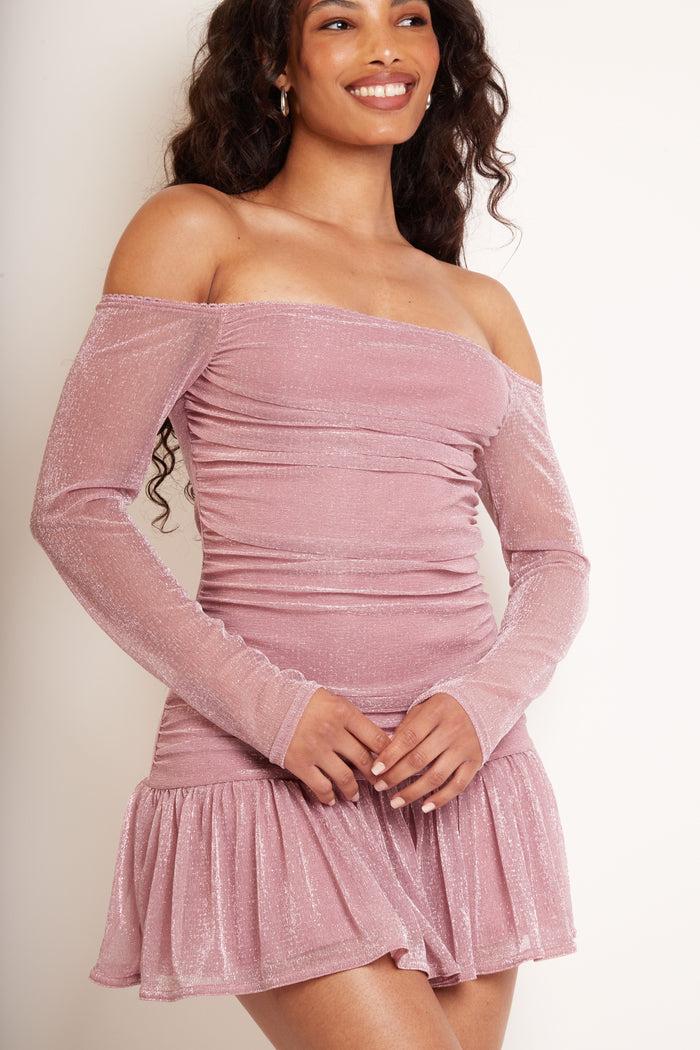 Jaded Rose Eden Pink Sparkle Long Sleeve Bardot Mini Dress