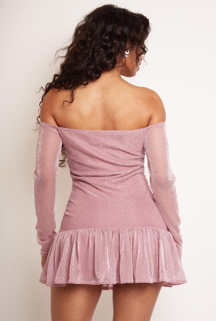 jaded rose Eden Pink Sparkle Long Sleeve Bardot Mini Dress