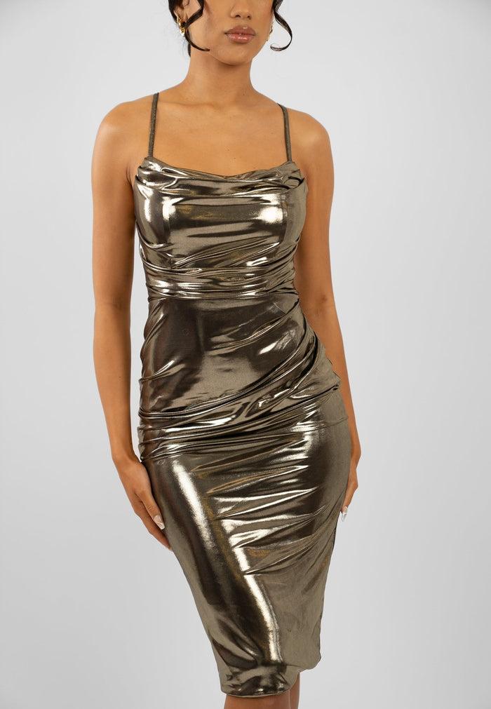 jaded rose Elyn Bodycon Metallic Midi Dress In Gold Shimmer and Luxe
