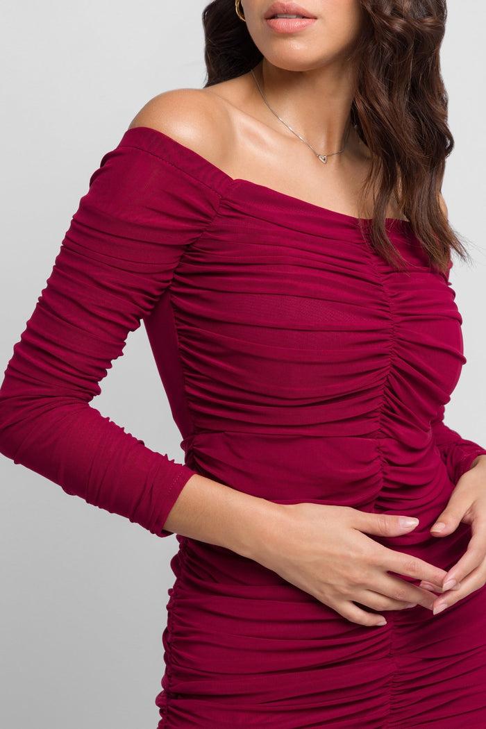 Jaded Rose Emana Off The Shoulder Midi Dress In Burgundy With Ruching Design