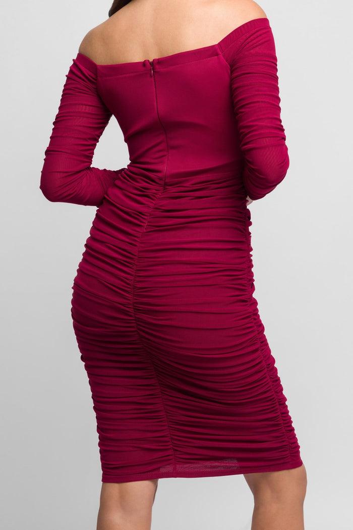 Jaded Rose Emana Off The Shoulder Midi Dress In Burgundy With Ruching Design