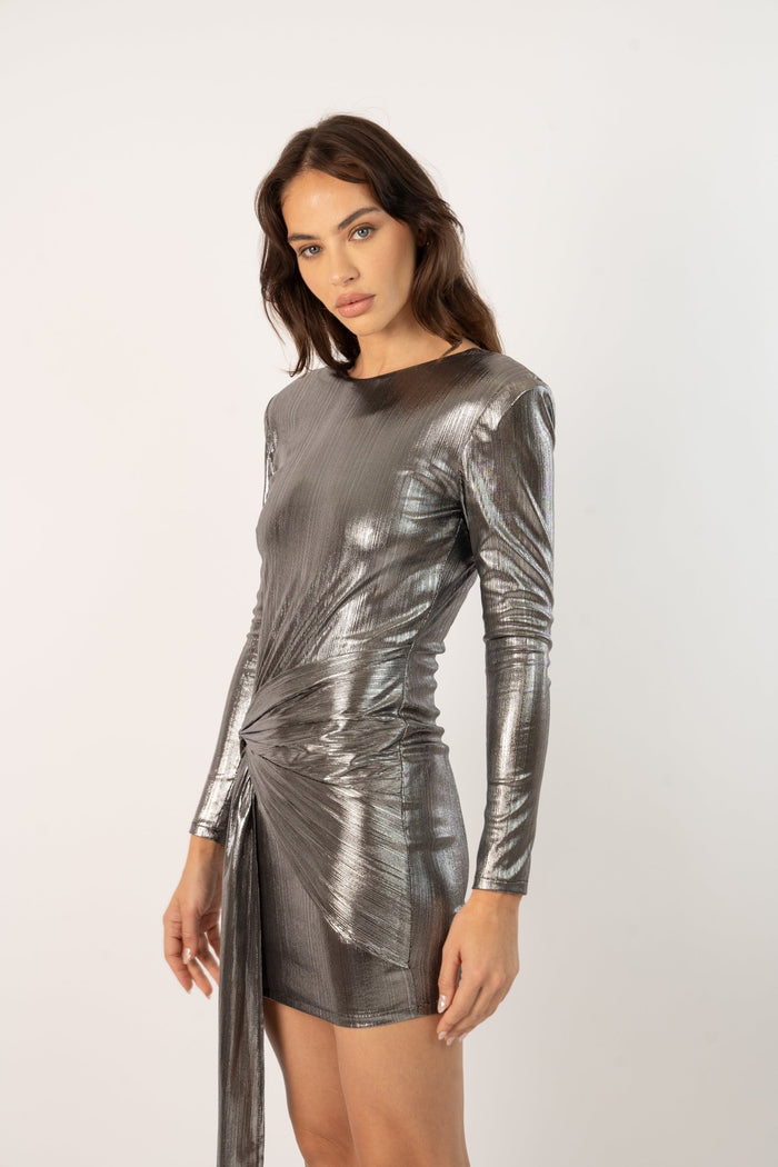 Jaded Rose Ene Dress In Silver Metallic With A Drape And Padded Shoulders
