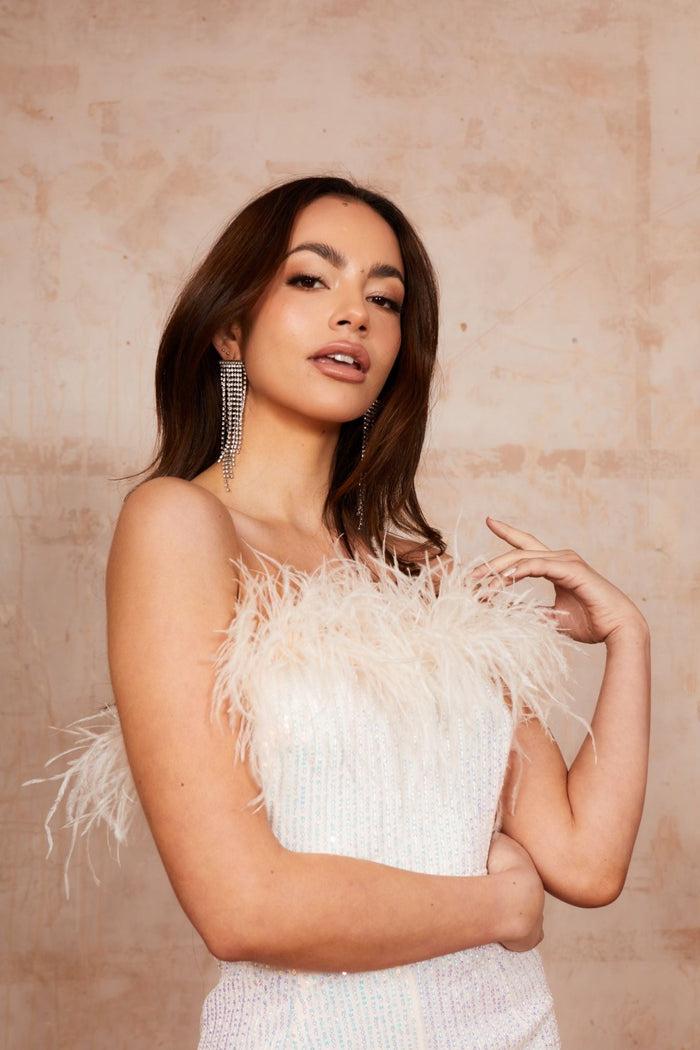 Jaded Rose FIYA Jumpsuit In Sequins Peach/Ivory White With Feathers