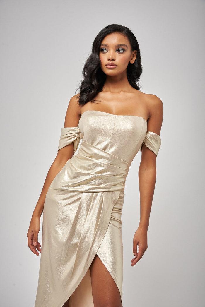 Jaded Rose Gennissa Metallic Wrap Maxi Dress In Champagne