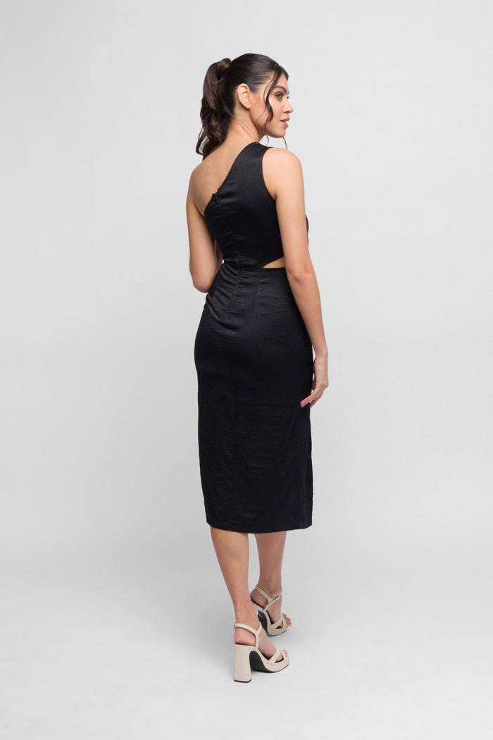 jaded rose Glory Black one shoulder midi dress. Sleek & sophisticated