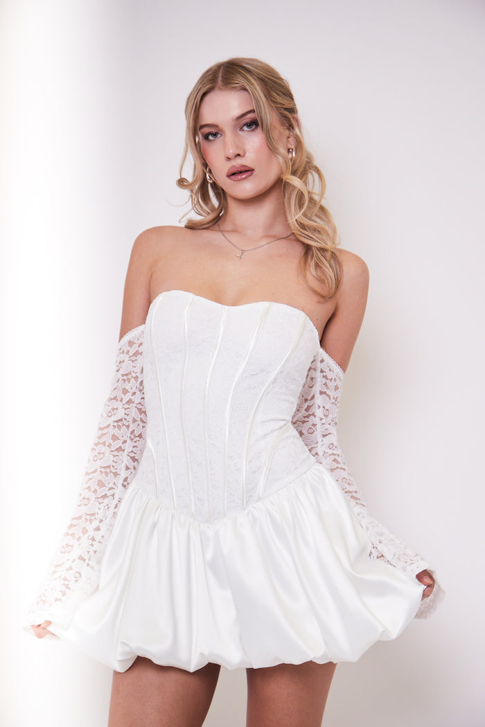 jaded rose Gretchen White Lace Bubble Hem Corset Mini Dress