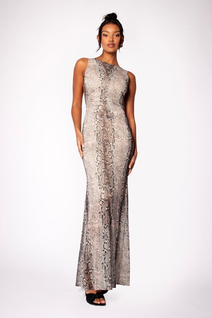 jaded rose Indila Snake Print Backless Fishtail Maxi Dress