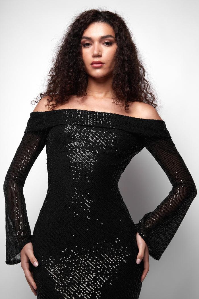 jaded rose Conna Black Bardot Sequin Maxi Dress