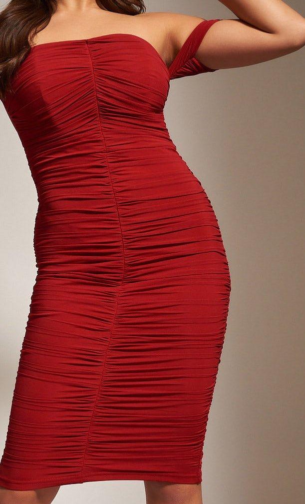 Jaded Rose Juliana Midi Ruched Dress In Deep Red