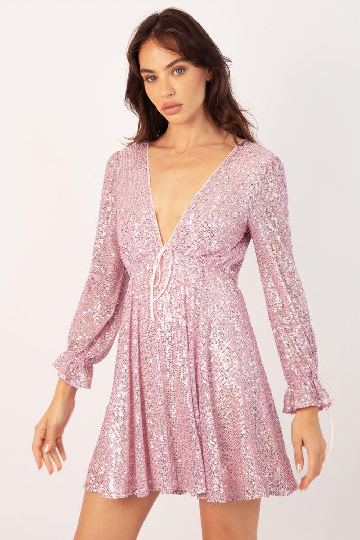 Jaded Rose Kima Pink Sequin Baby Doll Mini Dress