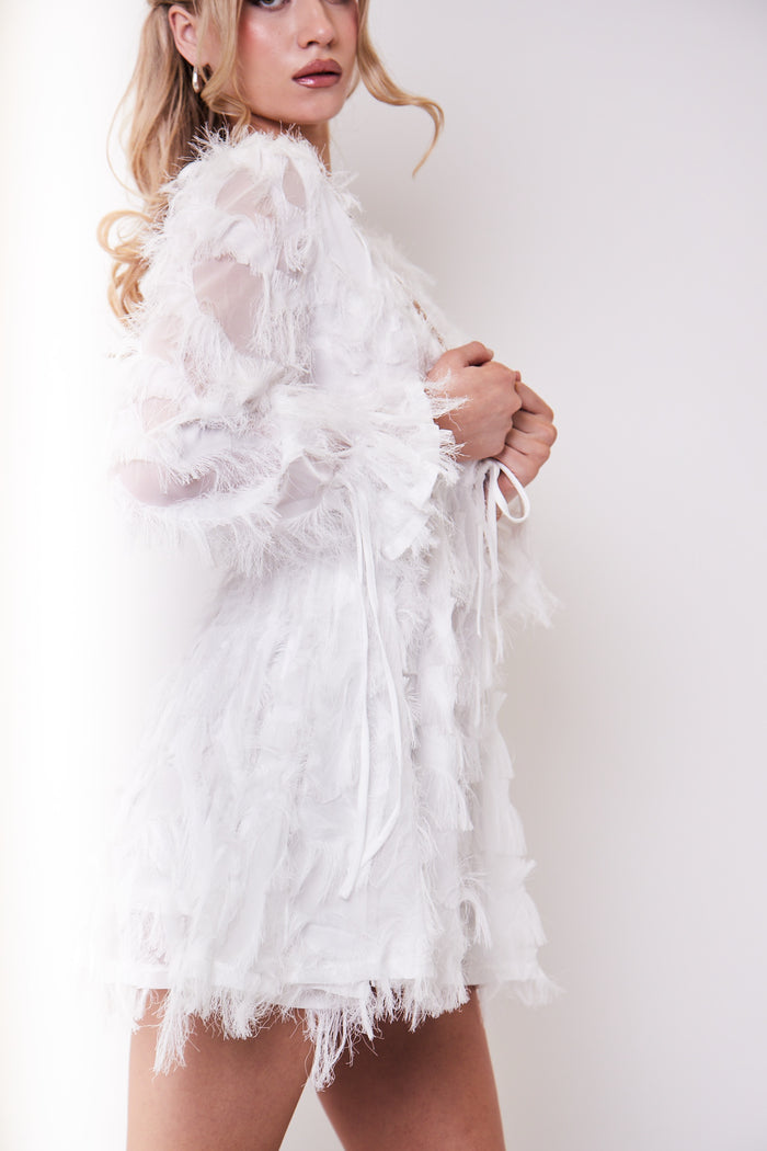jaded rose Kima White Feather Babydoll Mini Dress